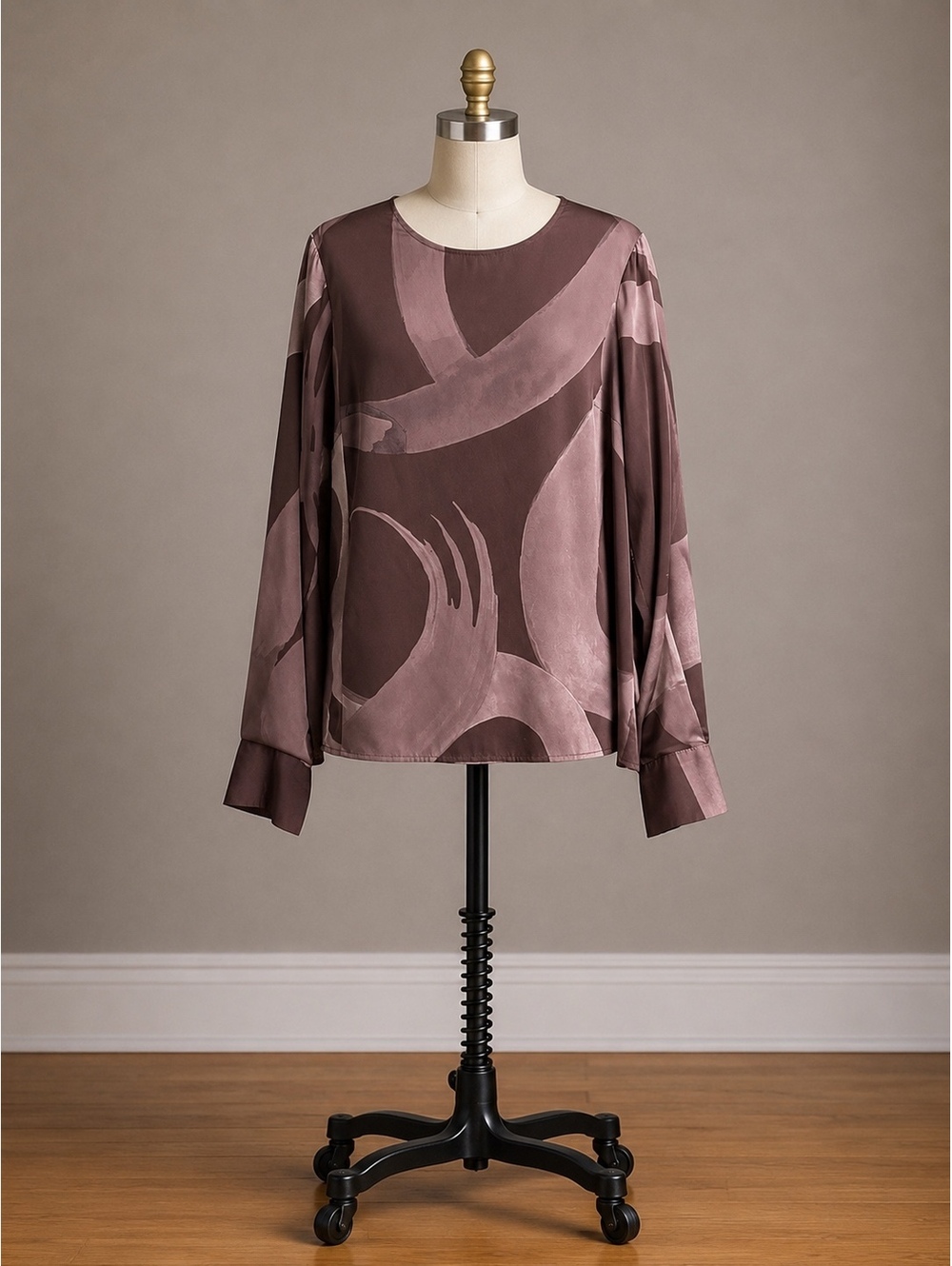 Slate & Willow Abstract Print Long Sleeve Blouse XL Brown Taupe Lightweight Top